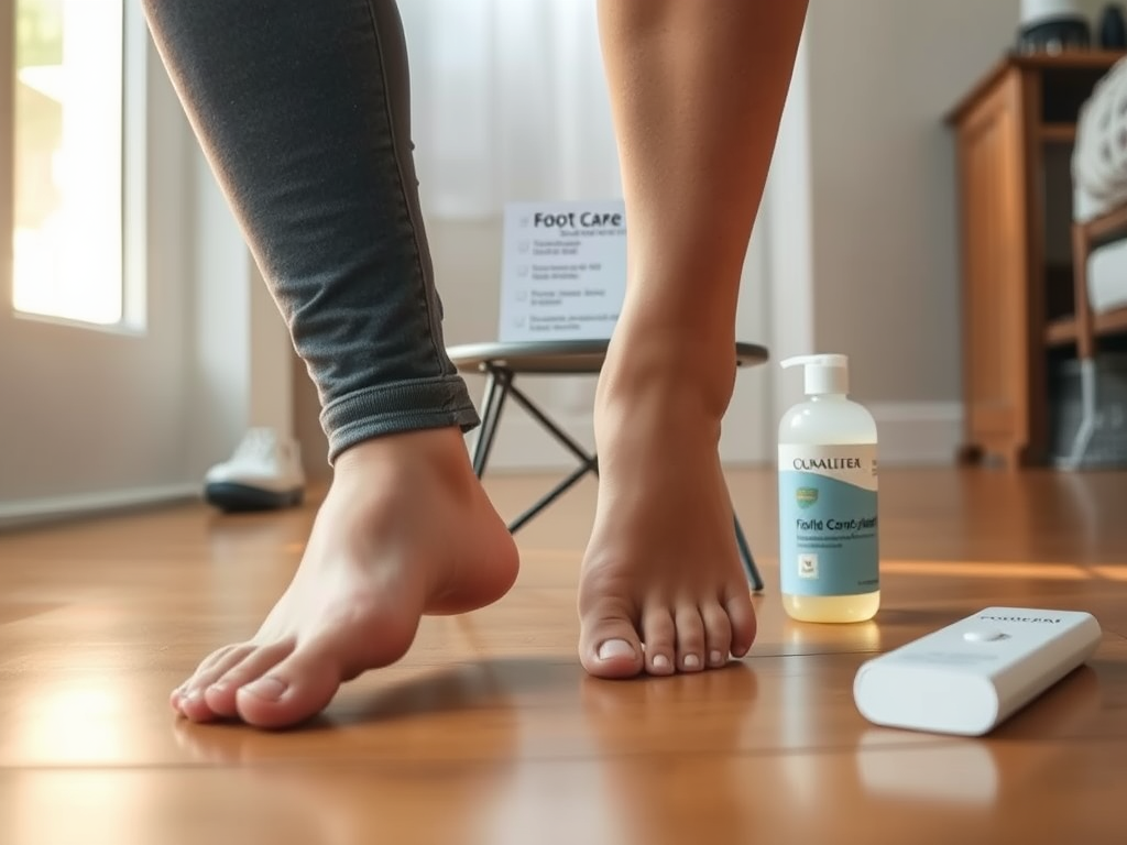 Close-up of bare feet on a hardwood floor next to foot care lotion and a cream tube, with a small blurred “Foot Care” sign in the background.
