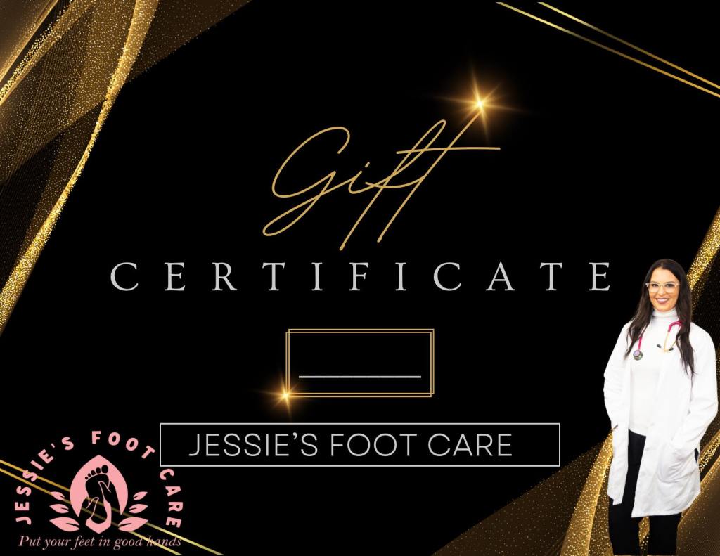 Jessie, foot care clinician at Jessie’s Foot Care, standing on a black and gold “Gift Certificate” graphic featuring the clinic logo and the text Jessie’s Foot Care.